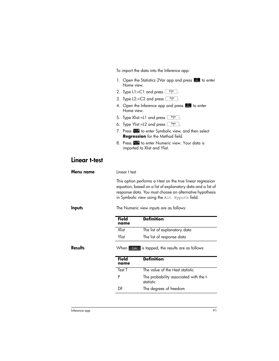 Linear t-test | HP Prime Graphing Wireless Calculator User Manual | Page 95 / 334