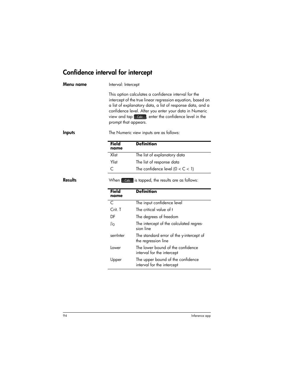 Confidence interval for intercept | HP Prime Graphing Wireless Calculator User Manual | Page 98 / 334