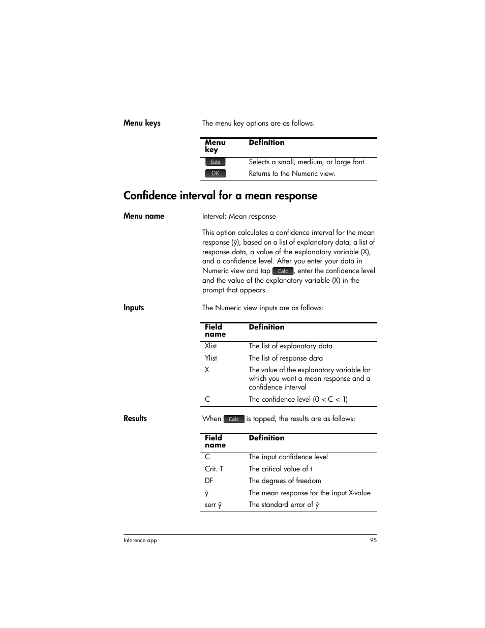 Confidence interval for a mean response | HP Prime Graphing Wireless Calculator User Manual | Page 99 / 334