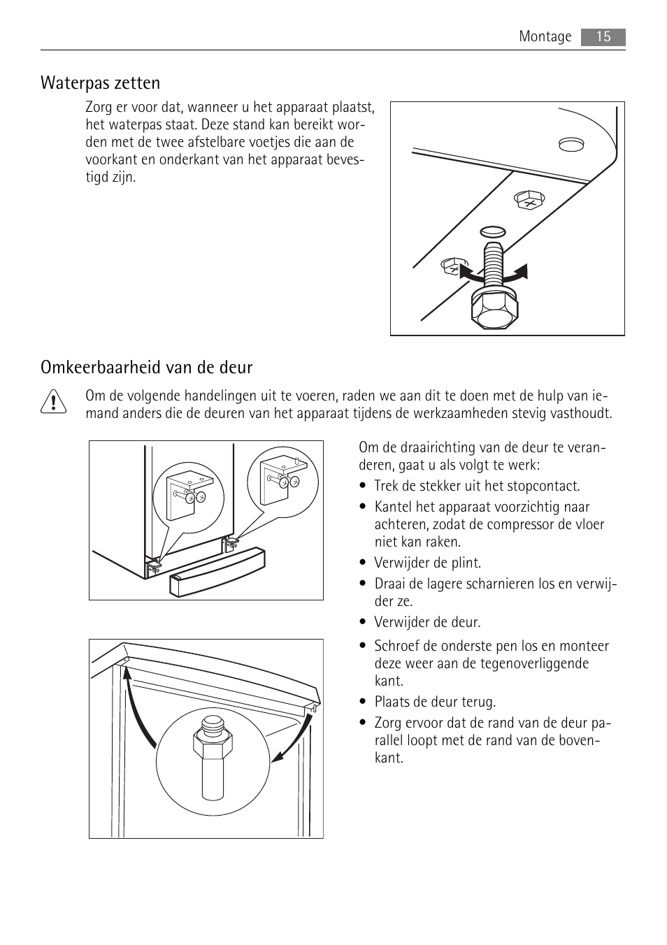 Waterpas zetten, Omkeerbaarheid van de deur | AEG A52010GNW0 User Manual | Page 15 / 64