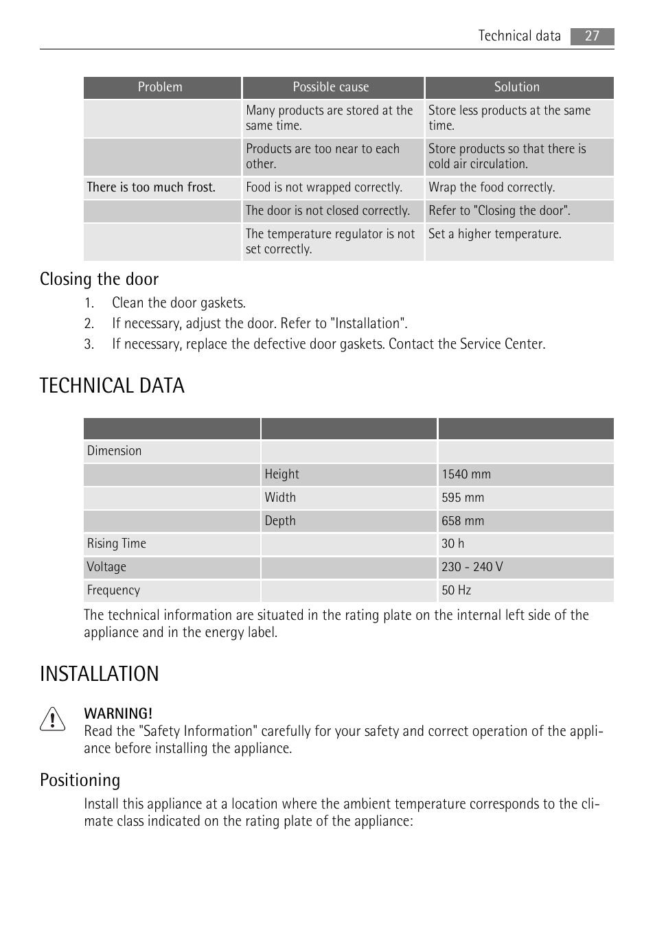 Technical data, Installation, Closing the door | Positioning | AEG A52010GNW0 User Manual | Page 27 / 64