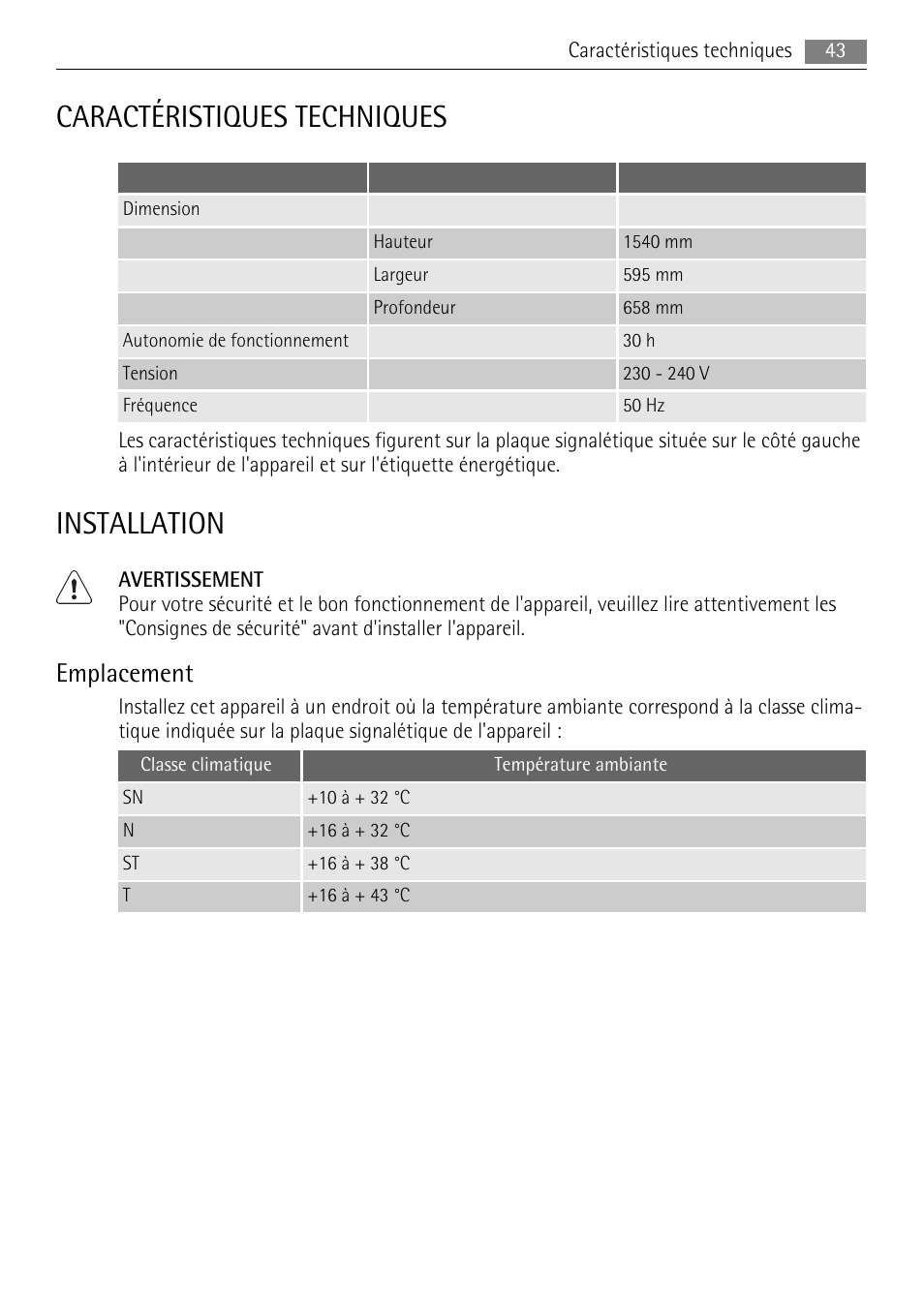 Caractéristiques techniques, Installation, Emplacement | AEG A52010GNW0 User Manual | Page 43 / 64