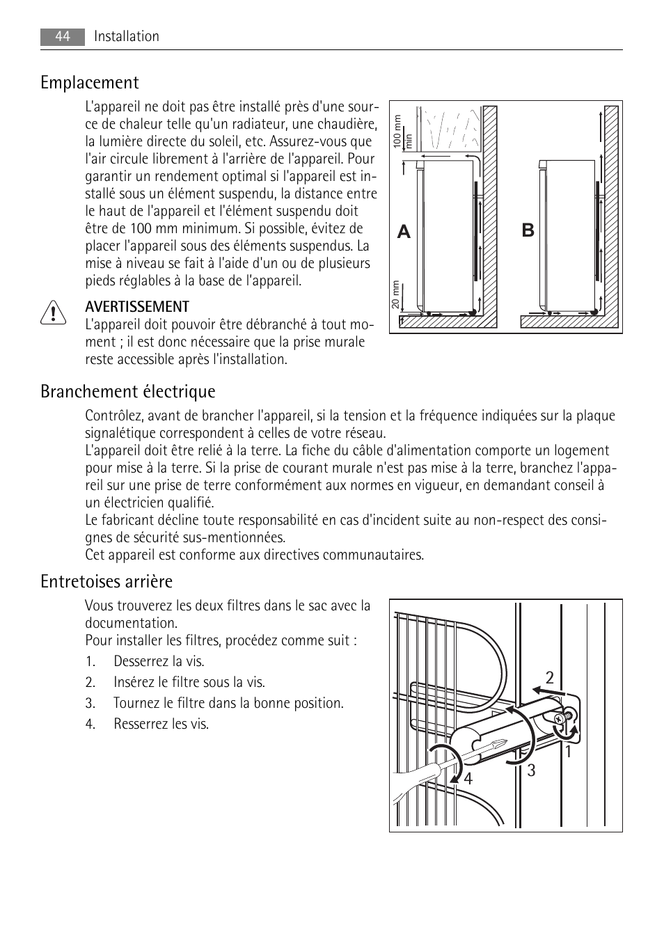 Emplacement, Branchement électrique, Entretoises arrière | AEG A52010GNW0 User Manual | Page 44 / 64