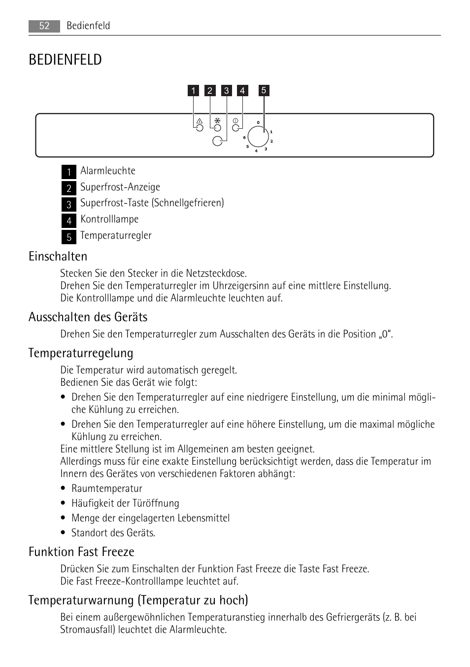 Bedienfeld, Einschalten, Ausschalten des geräts | Temperaturregelung, Funktion fast freeze, Temperaturwarnung (temperatur zu hoch) | AEG A52010GNW0 User Manual | Page 52 / 64