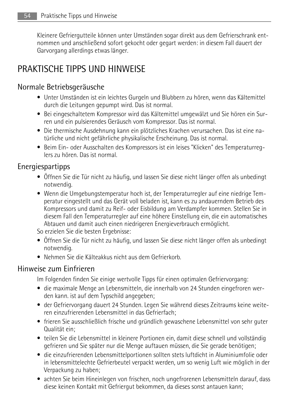 Praktische tipps und hinweise, Normale betriebsgeräusche, Energiespartipps | Hinweise zum einfrieren | AEG A52010GNW0 User Manual | Page 54 / 64