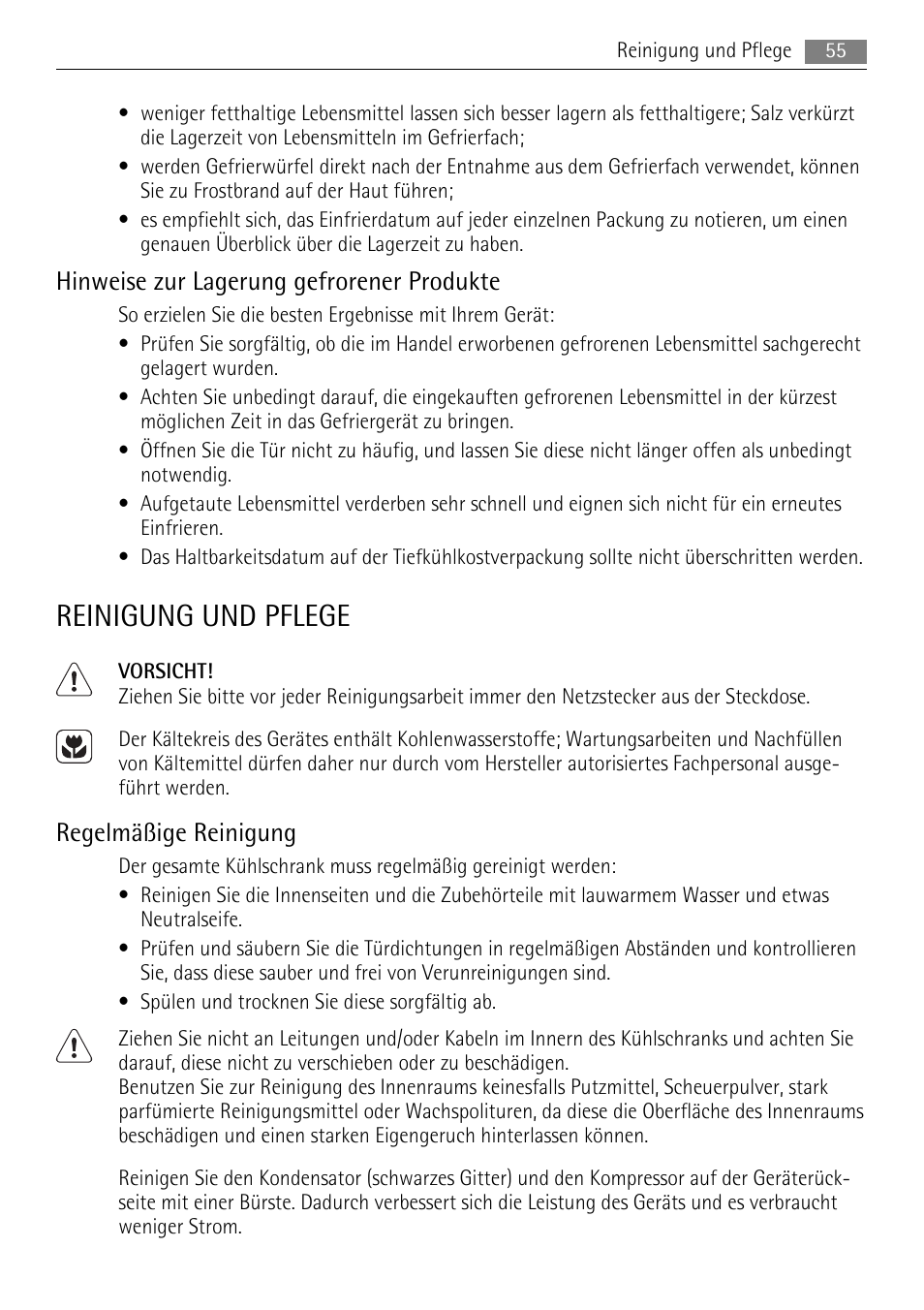 Reinigung und pflege, Hinweise zur lagerung gefrorener produkte, Regelmäßige reinigung | AEG A52010GNW0 User Manual | Page 55 / 64