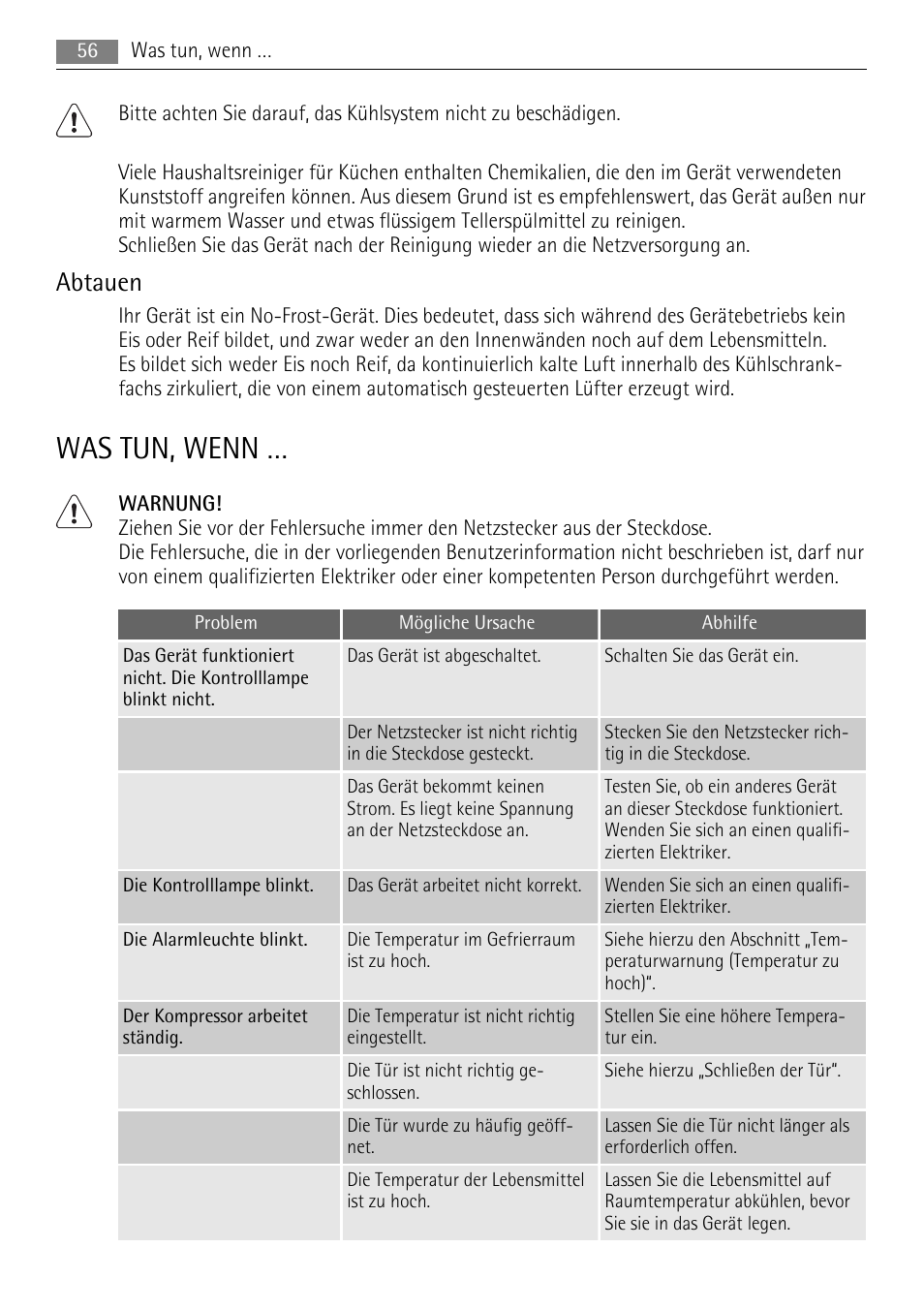 Was tun, wenn, Abtauen | AEG A52010GNW0 User Manual | Page 56 / 64