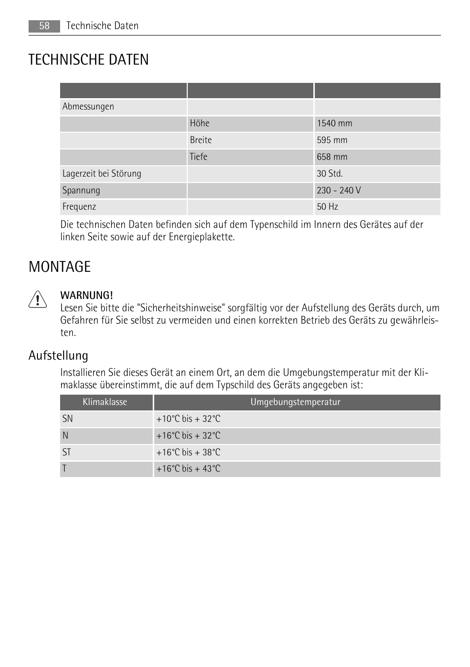 Technische daten, Montage, Aufstellung | AEG A52010GNW0 User Manual | Page 58 / 64