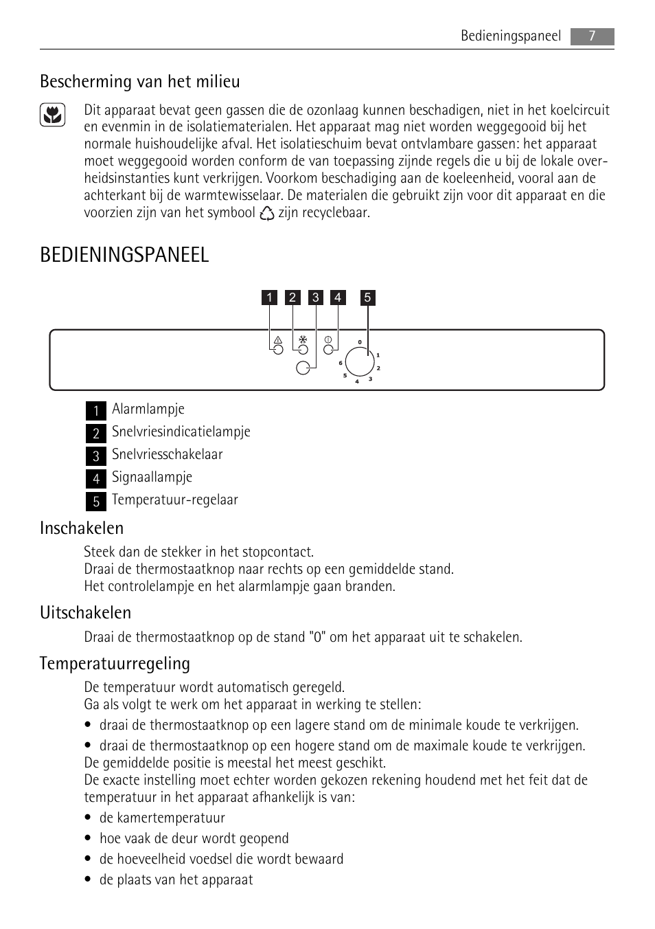 Bedieningspaneel, Bescherming van het milieu, Inschakelen | Uitschakelen, Temperatuurregeling | AEG A52010GNW0 User Manual | Page 7 / 64
