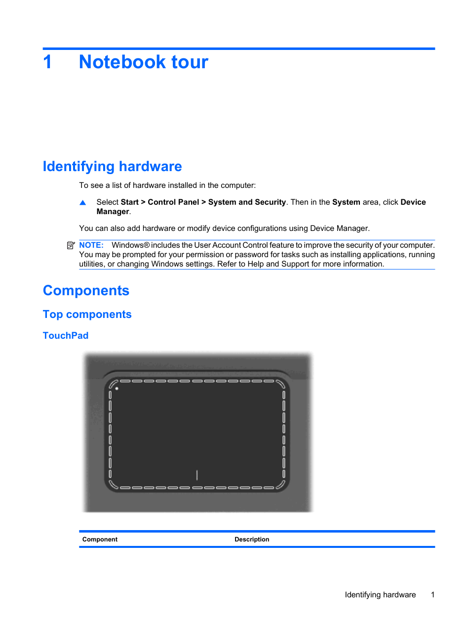 Notebook tour, Identifying hardware, Components | Top components, Touchpad, 1 notebook tour, Identifying hardware components | HP Envy 13t-1100 CTO Notebook PC User Manual | Page 11 / 95