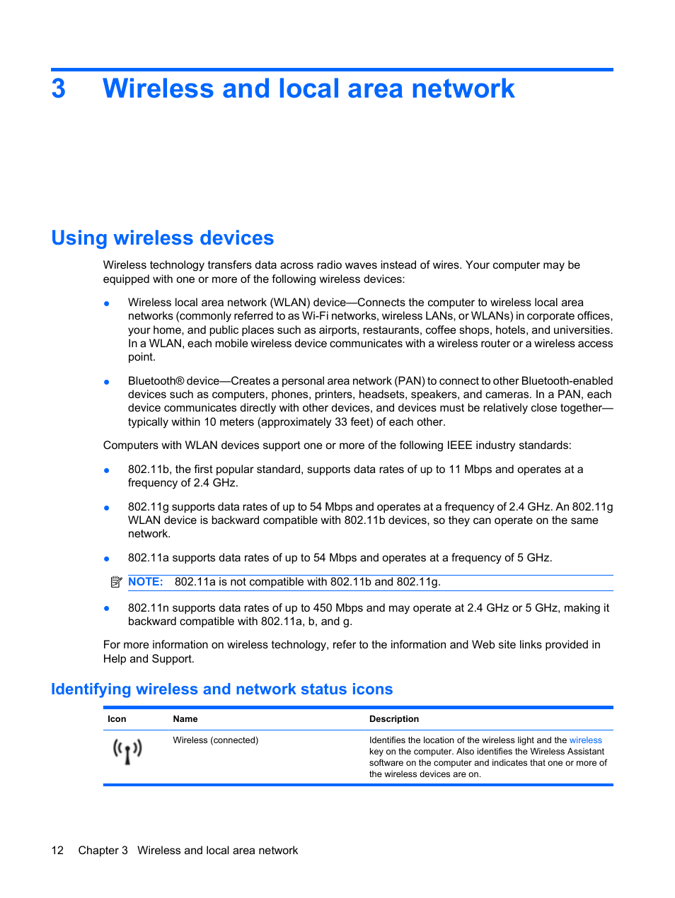 Wireless and local area network, Using wireless devices, Identifying wireless and network status icons | 3 wireless and local area network, 3wireless and local area network | HP Envy 13t-1100 CTO Notebook PC User Manual | Page 22 / 95