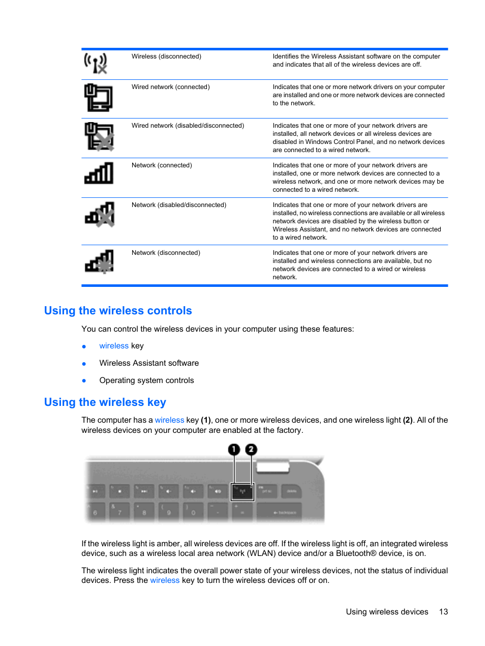 Using the wireless controls, Using the wireless key, Using the wireless controls using the wireless key | HP Envy 13t-1100 CTO Notebook PC User Manual | Page 23 / 95
