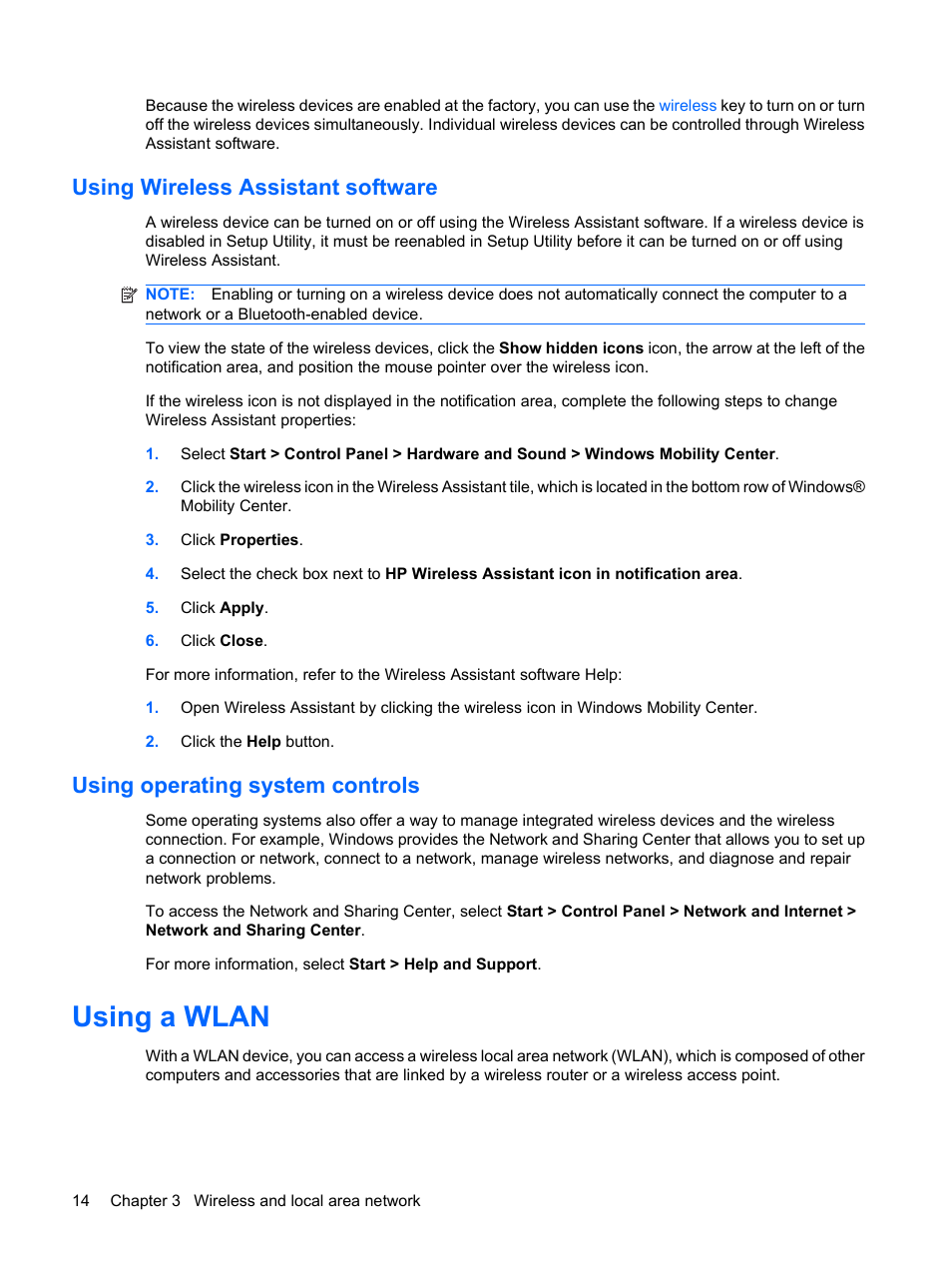 Using wireless assistant software, Using operating system controls, Using a wlan | HP Envy 13t-1100 CTO Notebook PC User Manual | Page 24 / 95