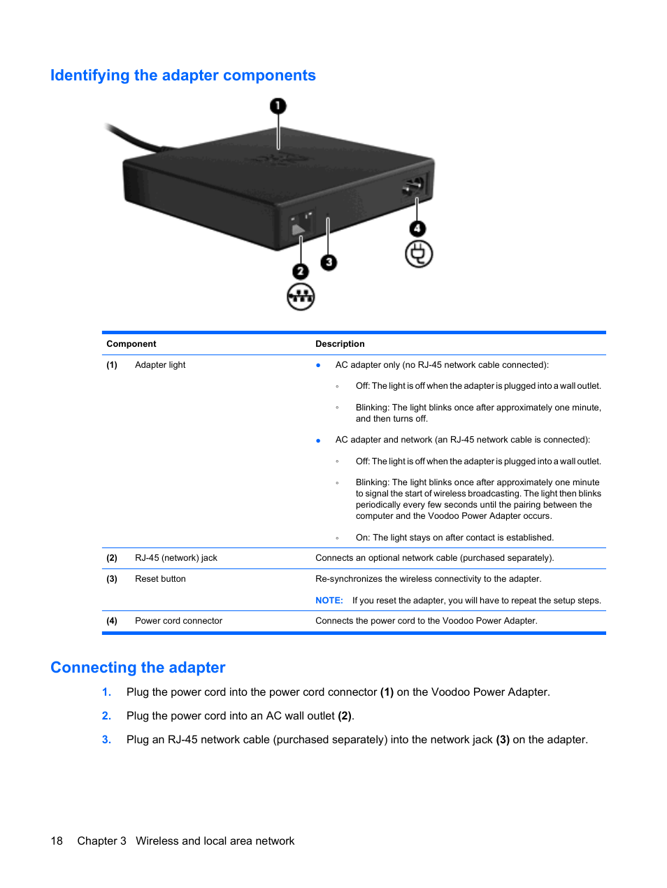 Identifying the adapter components, Connecting the adapter | HP Envy 13t-1100 CTO Notebook PC User Manual | Page 28 / 95