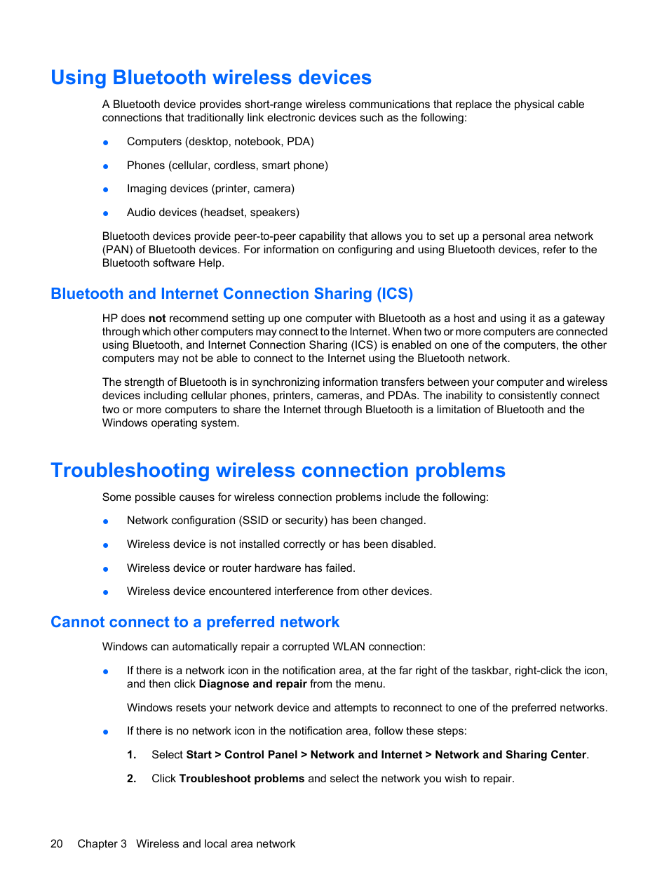 Using bluetooth wireless devices, Bluetooth and internet connection sharing (ics), Troubleshooting wireless connection problems | Cannot connect to a preferred network | HP Envy 13t-1100 CTO Notebook PC User Manual | Page 30 / 95