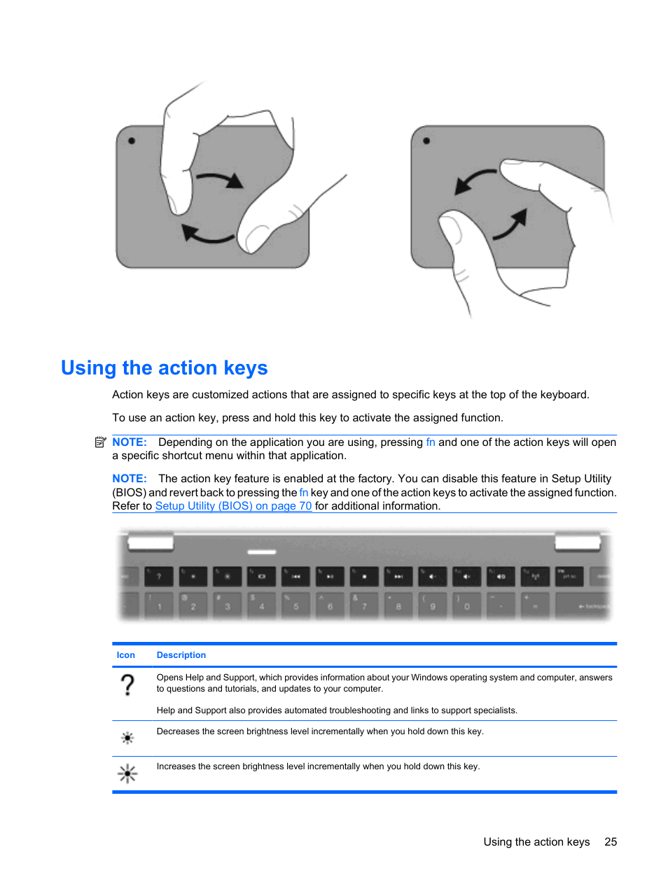 Using the action keys | HP Envy 13t-1100 CTO Notebook PC User Manual | Page 35 / 95