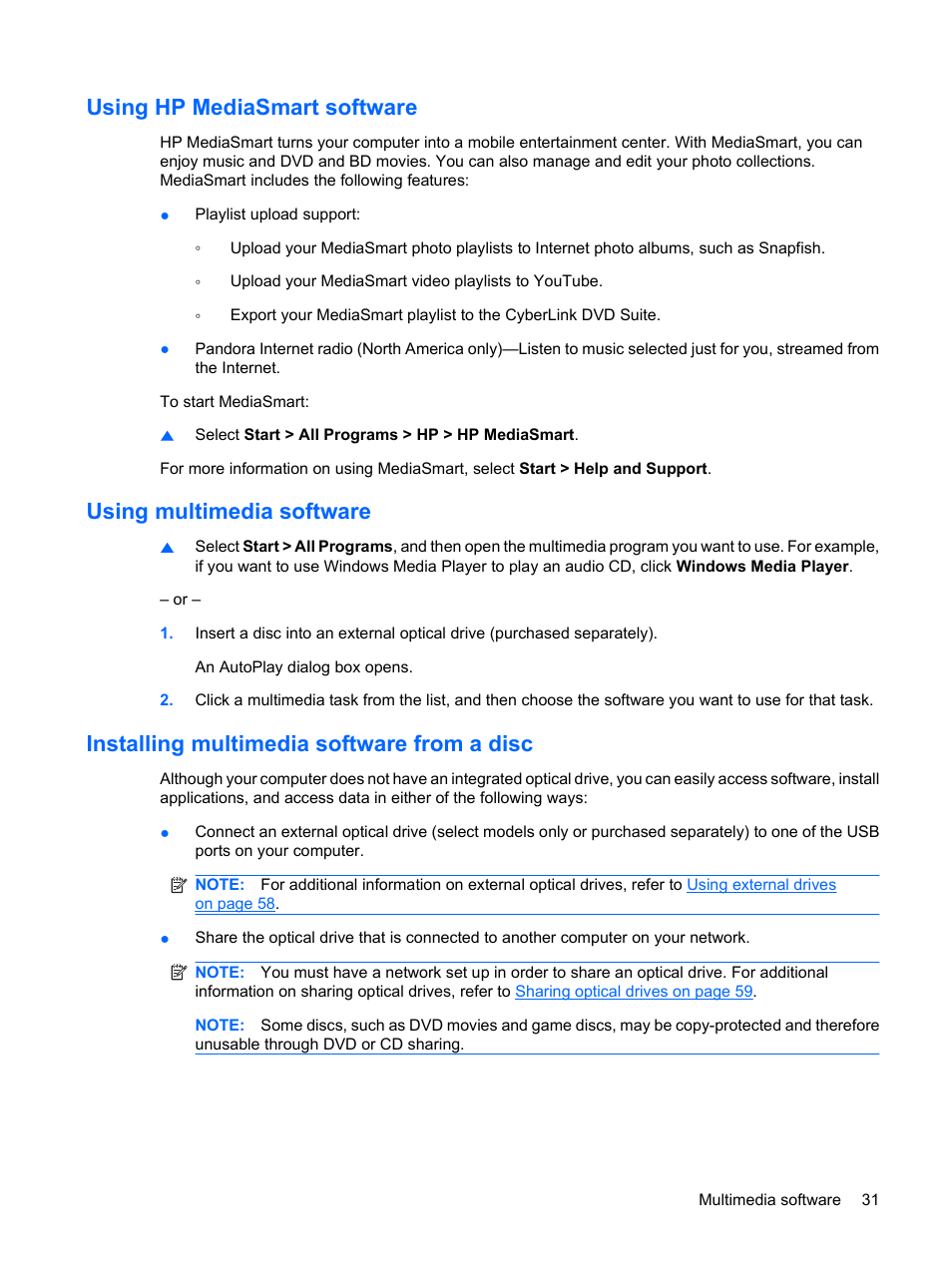 Using hp mediasmart software, Using multimedia software, Installing multimedia software from a disc | HP Envy 13t-1100 CTO Notebook PC User Manual | Page 41 / 95