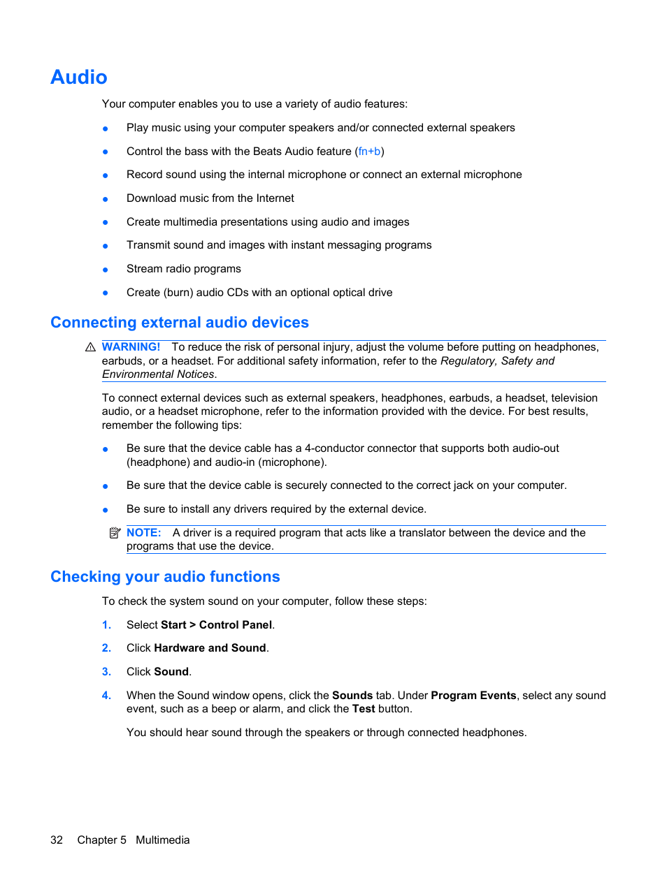 Audio, Connecting external audio devices, Checking your audio functions | HP Envy 13t-1100 CTO Notebook PC User Manual | Page 42 / 95