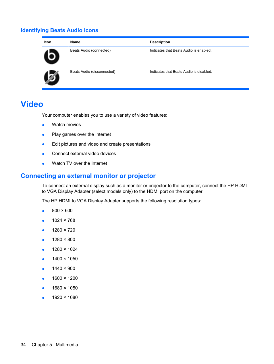 Identifying beats audio icons, Video, Connecting an external monitor or projector | HP Envy 13t-1100 CTO Notebook PC User Manual | Page 44 / 95