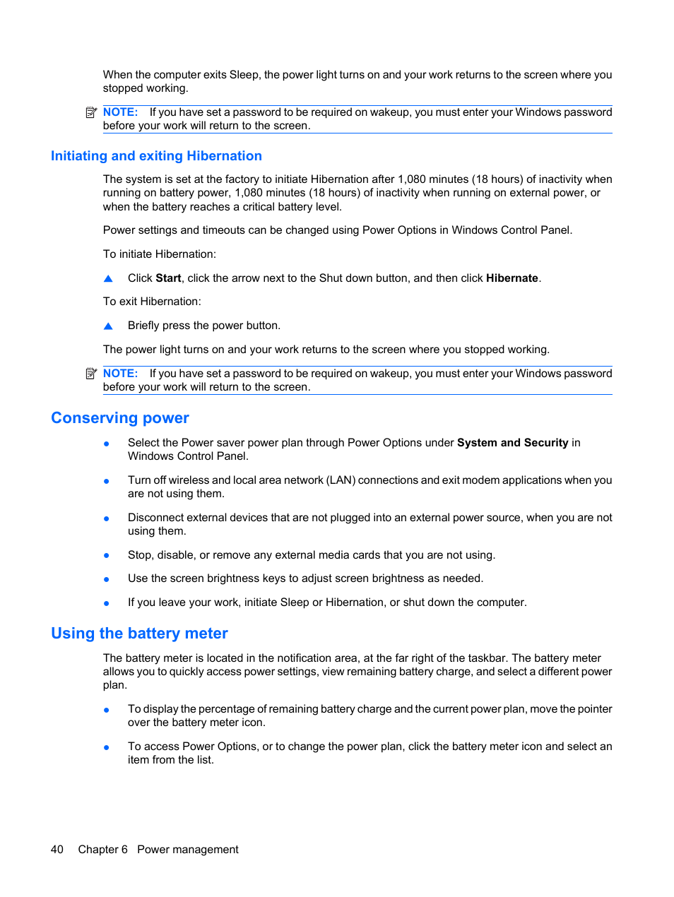 Initiating and exiting hibernation, Conserving power, Using the battery meter | Conserving power using the battery meter | HP Envy 13t-1100 CTO Notebook PC User Manual | Page 50 / 95