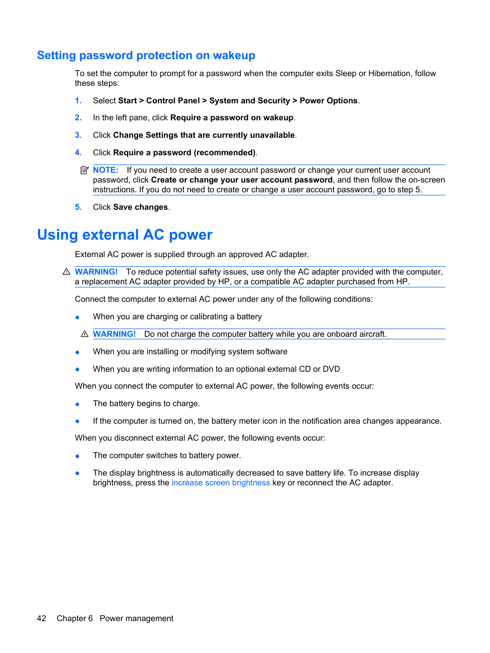 Setting password protection on wakeup, Using external ac power | HP Envy 13t-1100 CTO Notebook PC User Manual | Page 52 / 95