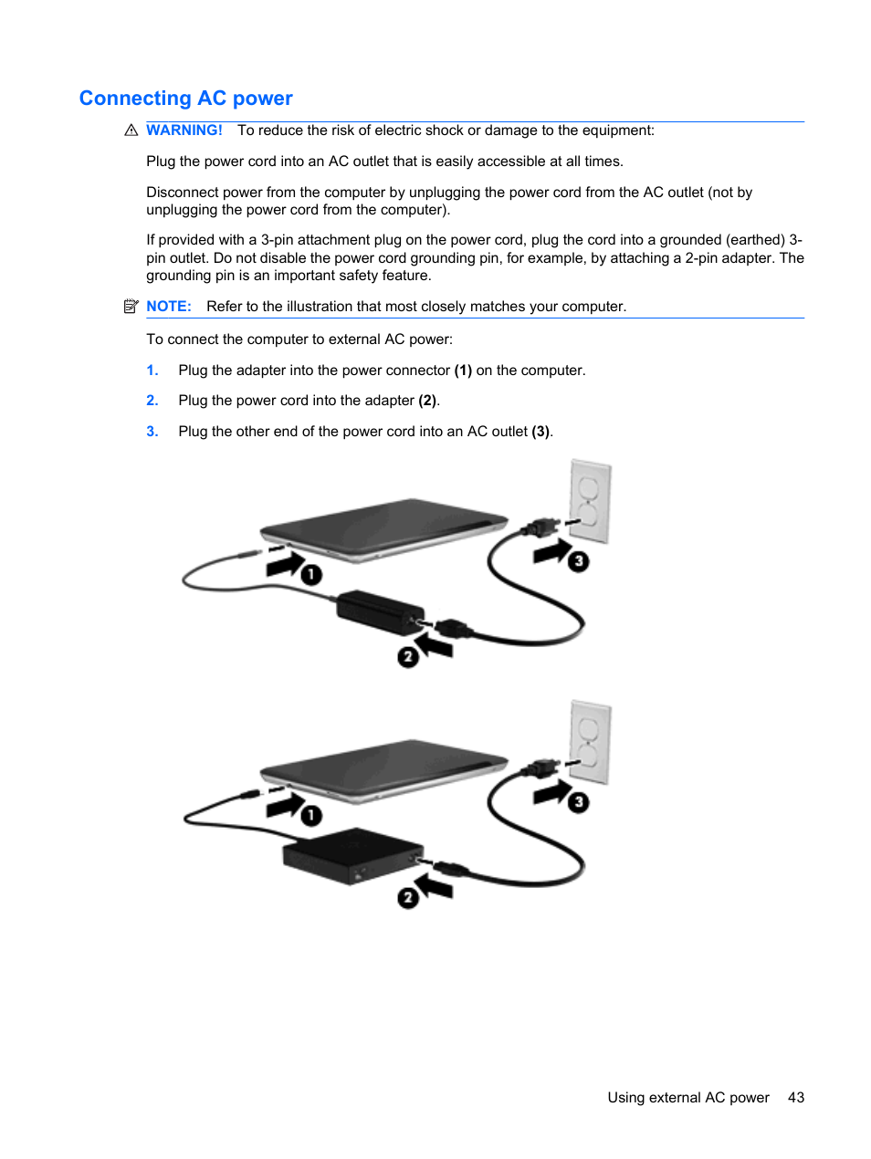 Connecting ac power | HP Envy 13t-1100 CTO Notebook PC User Manual | Page 53 / 95