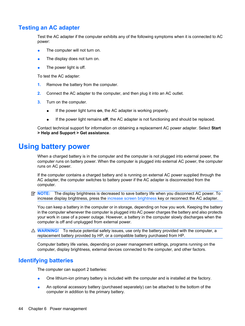 Testing an ac adapter, Using battery power, Identifying batteries | HP Envy 13t-1100 CTO Notebook PC User Manual | Page 54 / 95