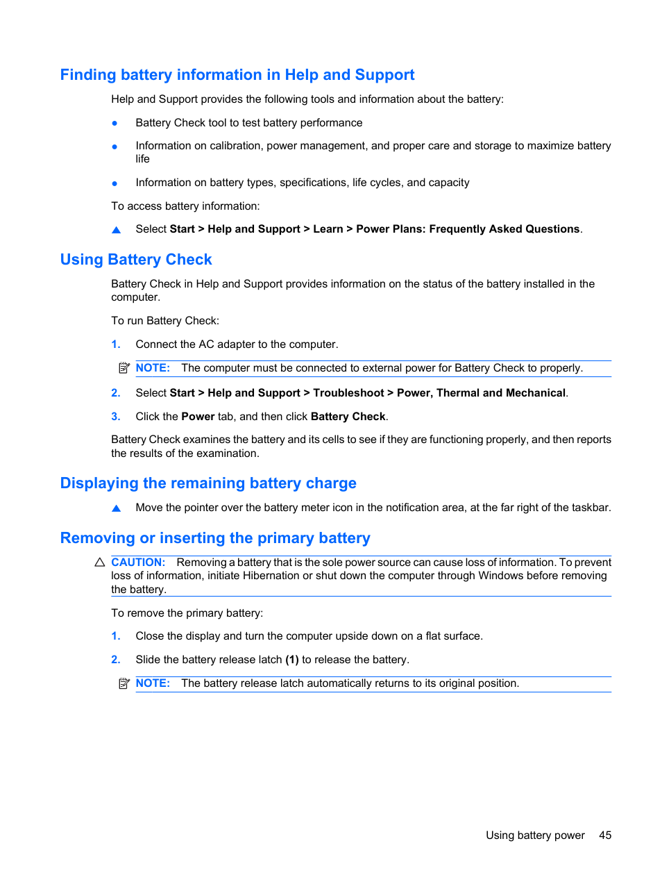 Finding battery information in help and support, Using battery check, Displaying the remaining battery charge | Removing or inserting the primary battery | HP Envy 13t-1100 CTO Notebook PC User Manual | Page 55 / 95