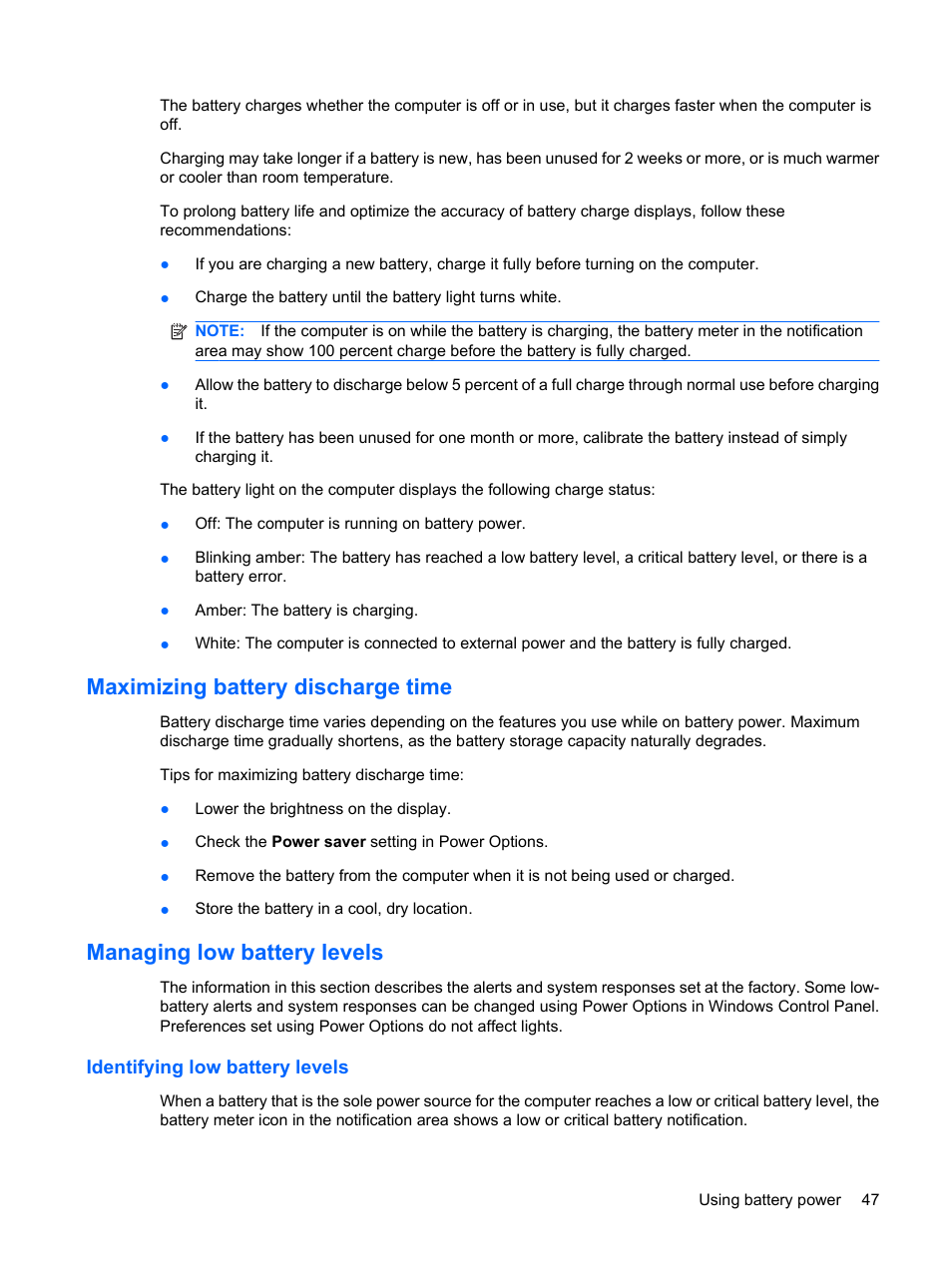 Maximizing battery discharge time, Managing low battery levels, Identifying low battery levels | HP Envy 13t-1100 CTO Notebook PC User Manual | Page 57 / 95