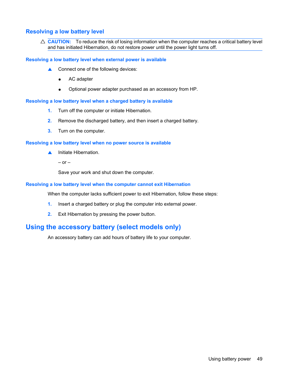 Resolving a low battery level, Using the accessory battery (select models only) | HP Envy 13t-1100 CTO Notebook PC User Manual | Page 59 / 95