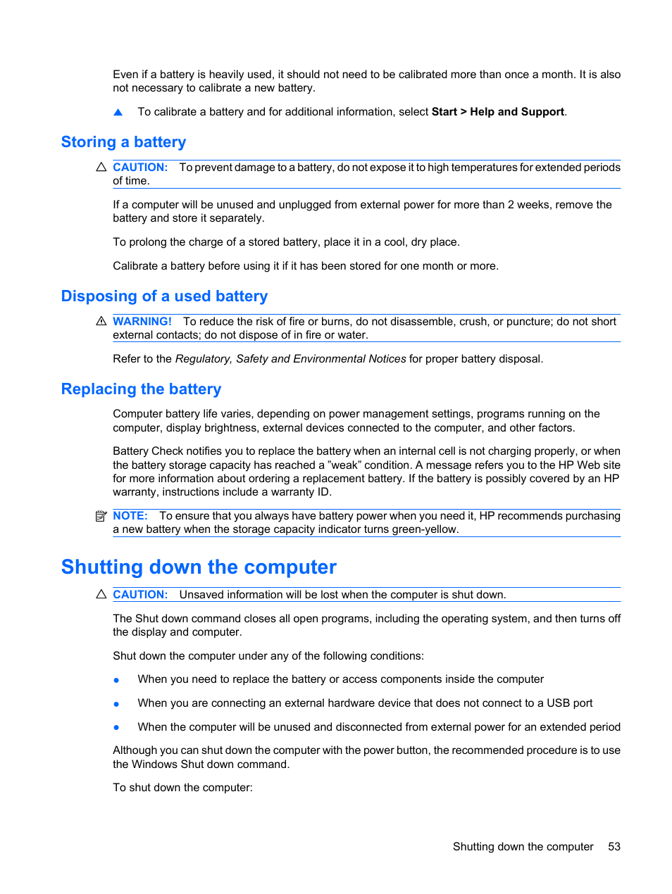 Storing a battery, Disposing of a used battery, Replacing the battery | Shutting down the computer | HP Envy 13t-1100 CTO Notebook PC User Manual | Page 63 / 95