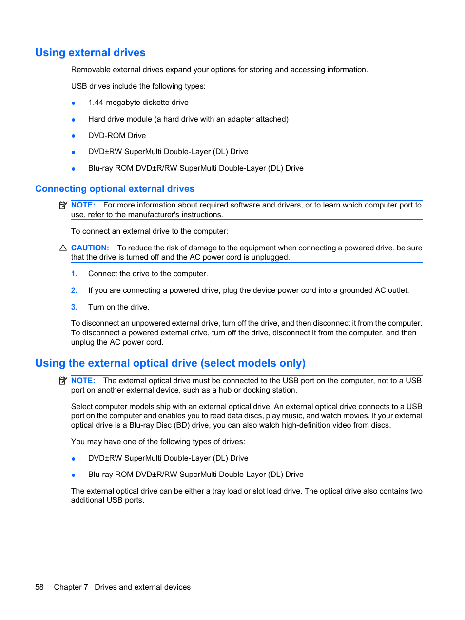 Using external drives, Connecting optional external drives | HP Envy 13t-1100 CTO Notebook PC User Manual | Page 68 / 95