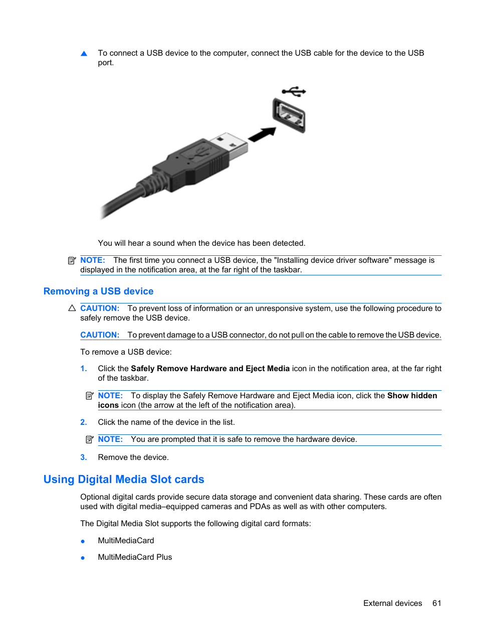 Removing a usb device, Using digital media slot cards | HP Envy 13t-1100 CTO Notebook PC User Manual | Page 71 / 95