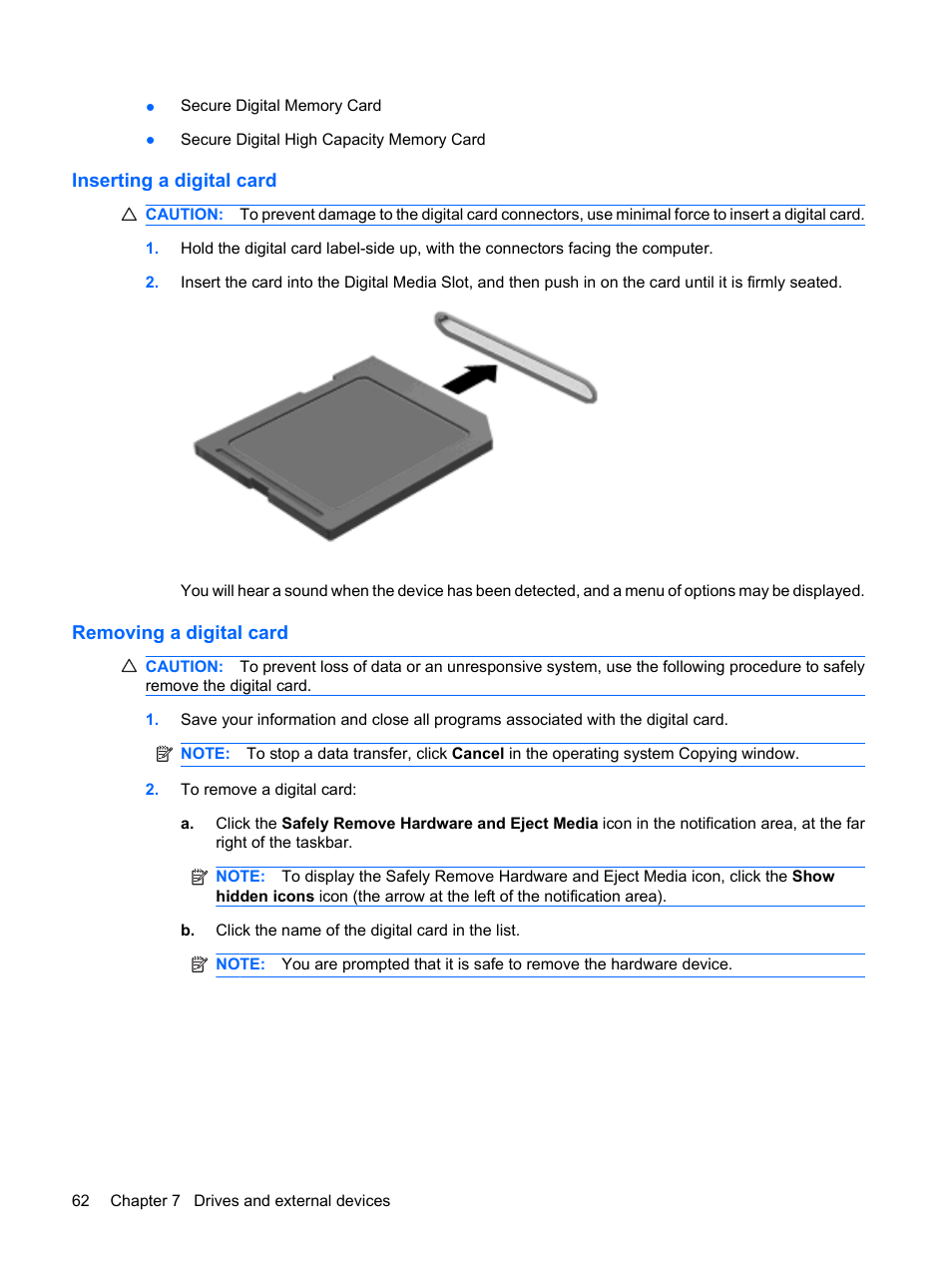 Inserting a digital card, Removing a digital card, Inserting a digital card removing a digital card | HP Envy 13t-1100 CTO Notebook PC User Manual | Page 72 / 95