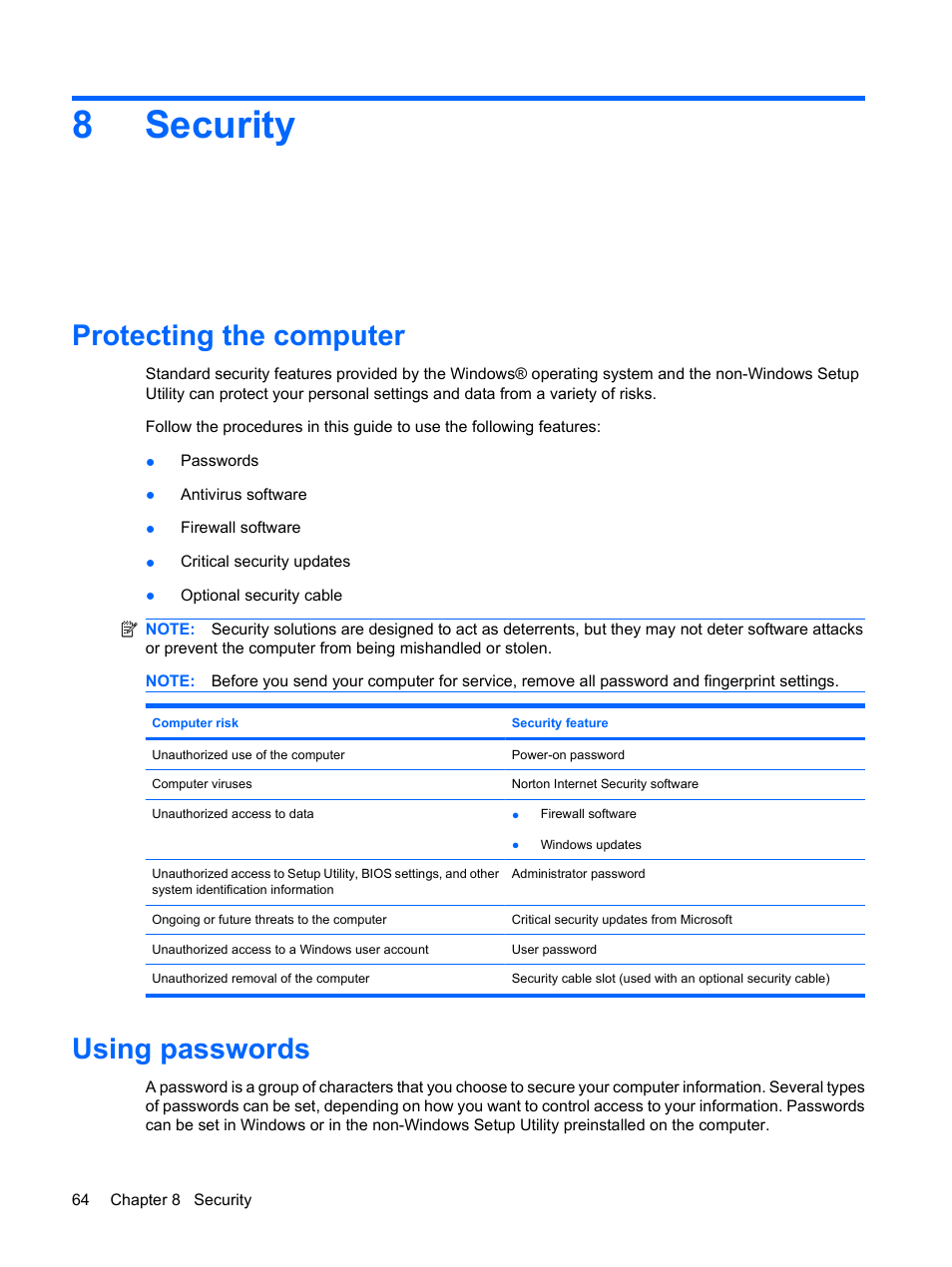 Security, Protecting the computer, Using passwords | 8 security, Protecting the computer using passwords, 8security | HP Envy 13t-1100 CTO Notebook PC User Manual | Page 74 / 95