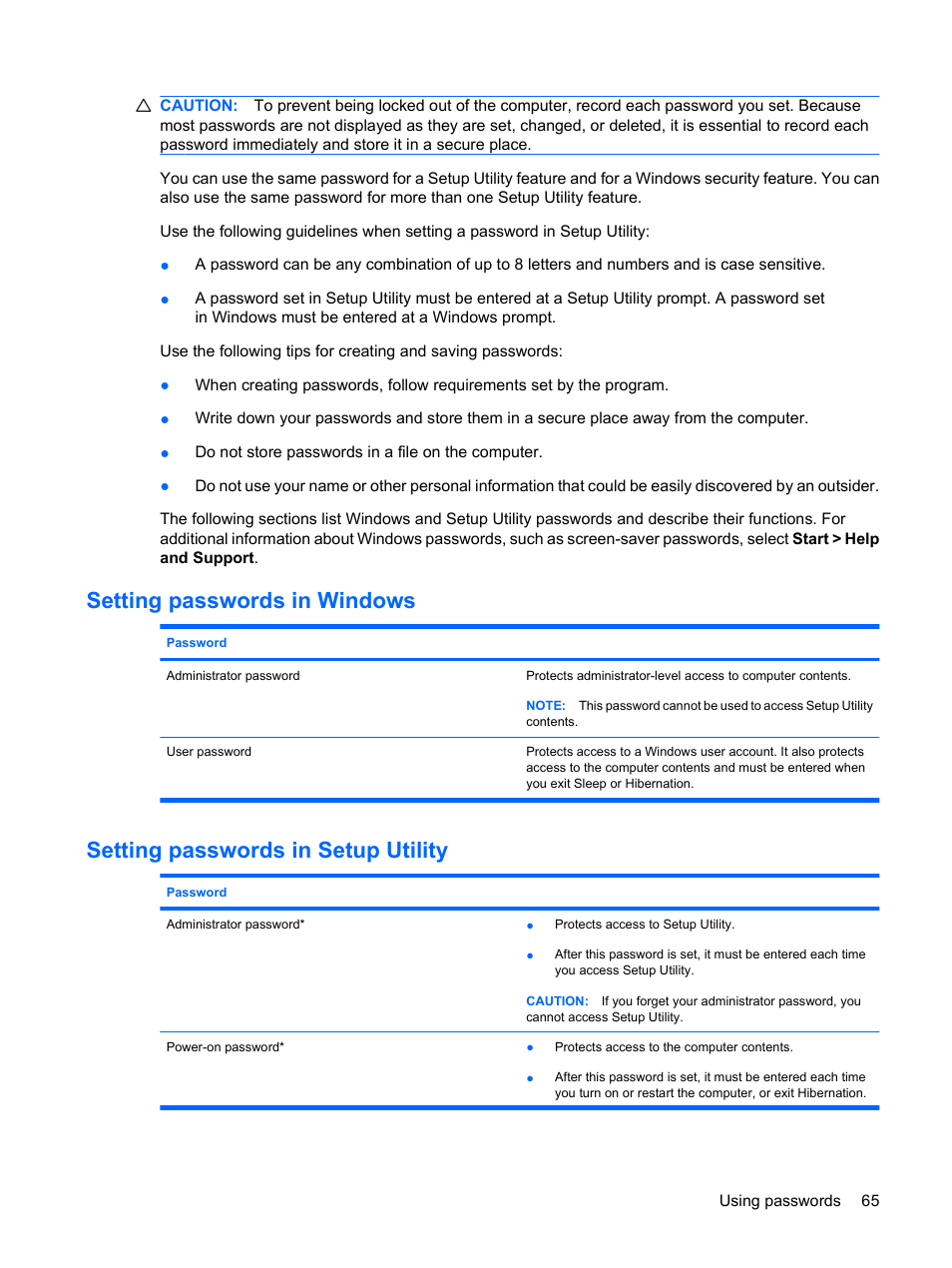 Setting passwords in windows, Setting passwords in setup utility | HP Envy 13t-1100 CTO Notebook PC User Manual | Page 75 / 95