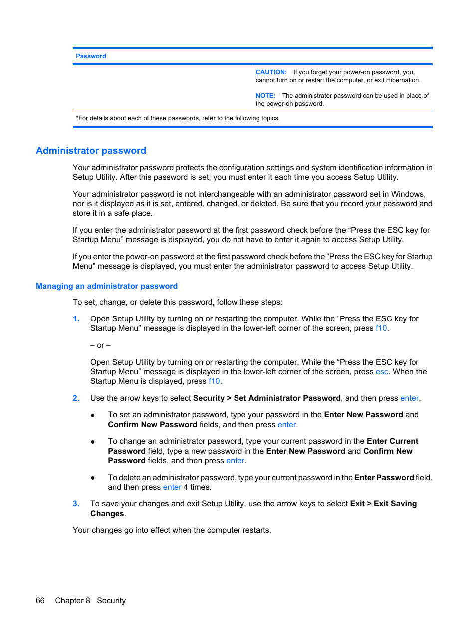 Administrator password, Managing an administrator password | HP Envy 13t-1100 CTO Notebook PC User Manual | Page 76 / 95