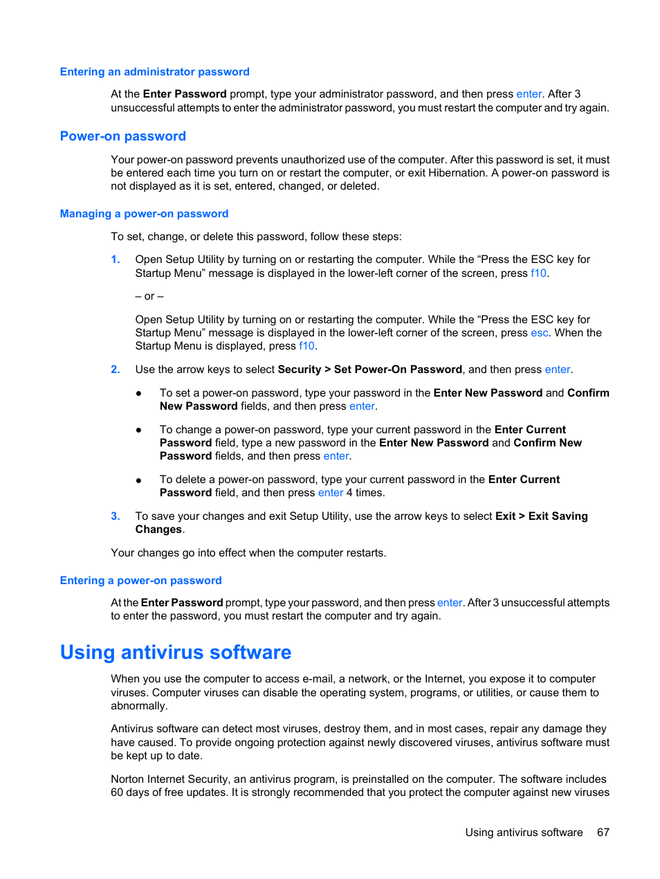Entering an administrator password, Power-on password, Managing a power-on password | Entering a power-on password, Using antivirus software | HP Envy 13t-1100 CTO Notebook PC User Manual | Page 77 / 95