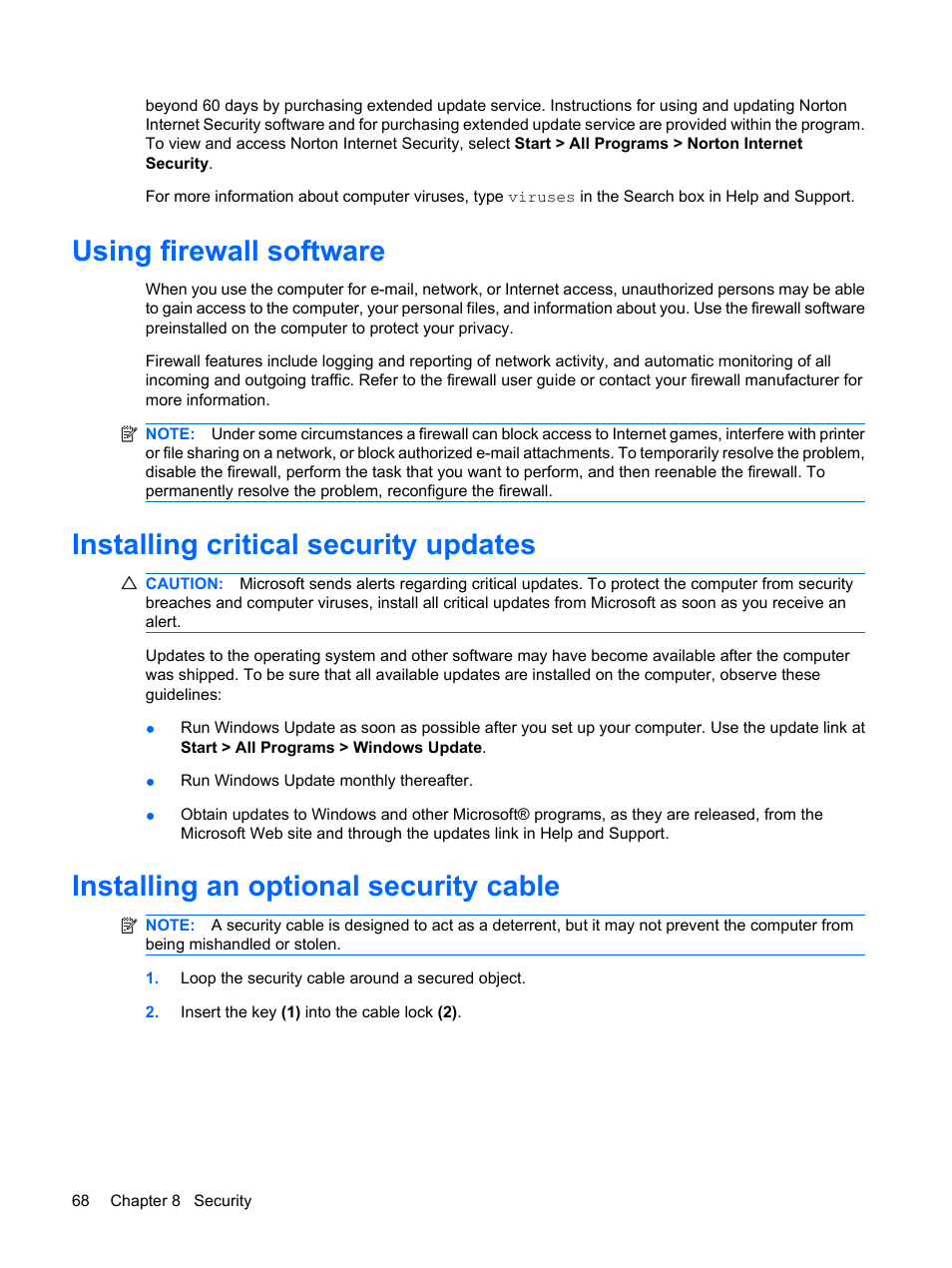 Using firewall software, Installing critical security updates, Installing an optional security cable | HP Envy 13t-1100 CTO Notebook PC User Manual | Page 78 / 95