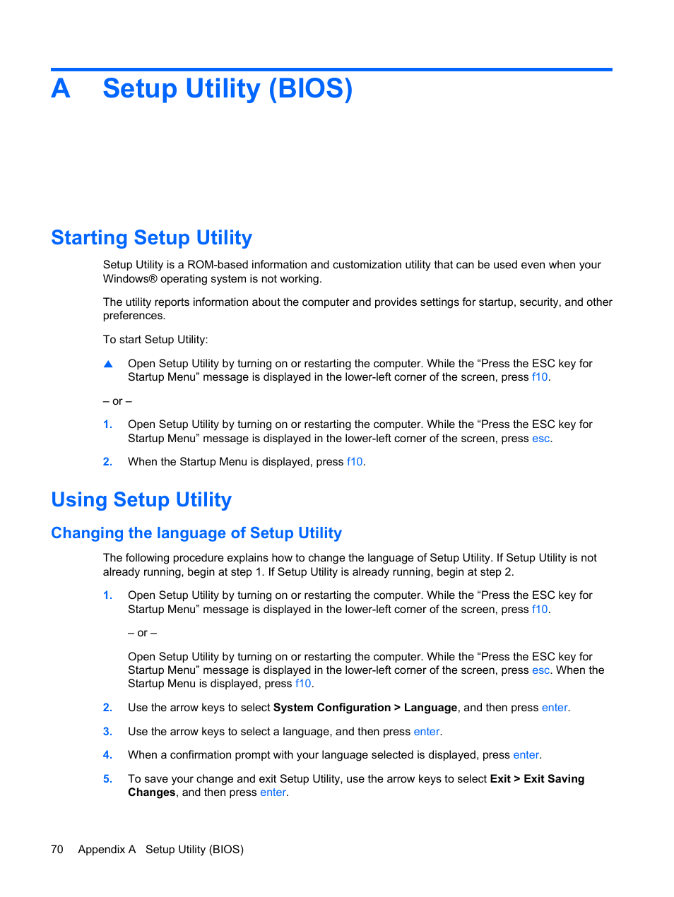 Setup utility (bios), Starting setup utility, Using setup utility | Changing the language of setup utility, Appendix a setup utility (bios), Starting setup utility using setup utility, Asetup utility (bios) | HP Envy 13t-1100 CTO Notebook PC User Manual | Page 80 / 95
