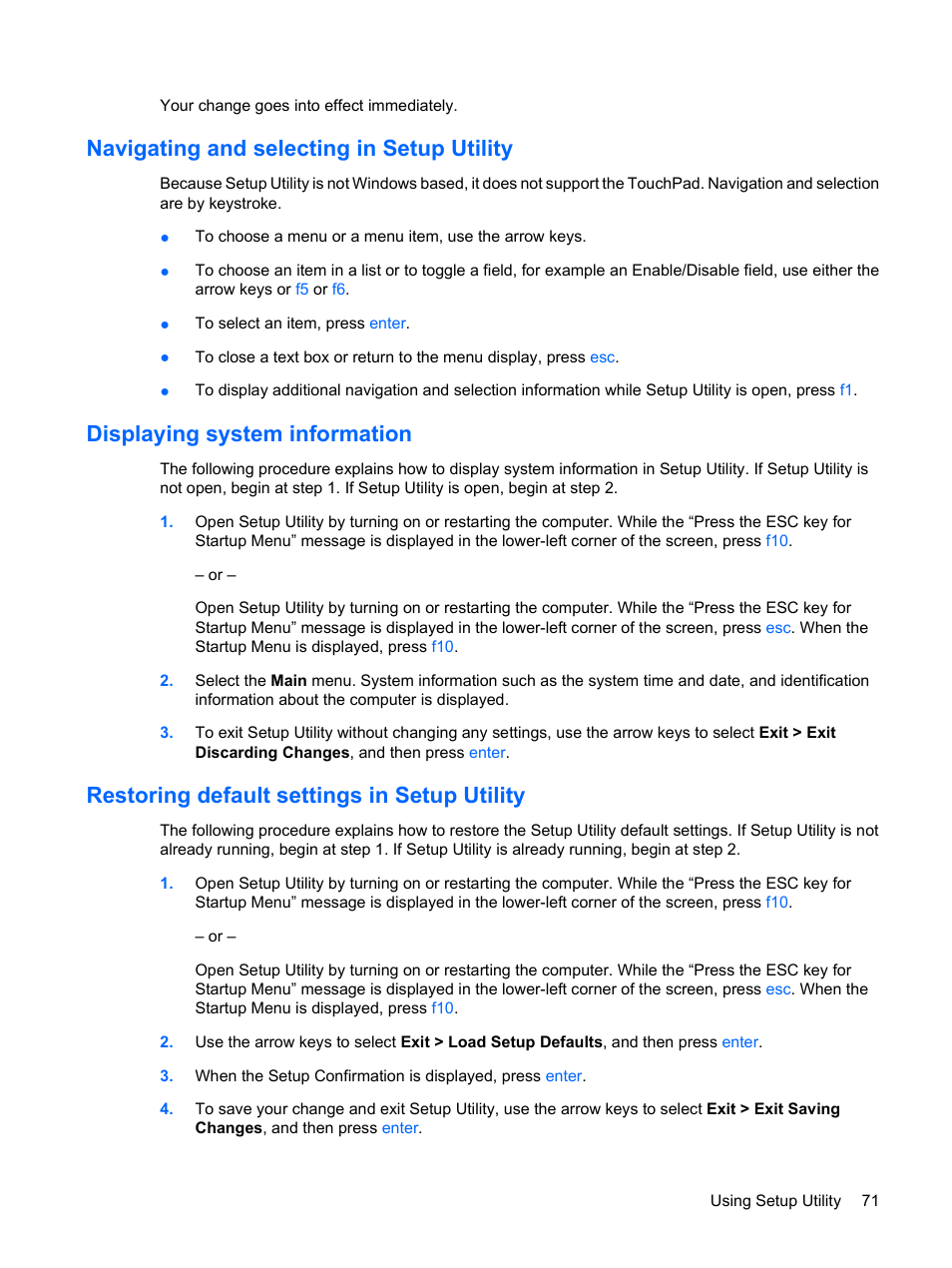 Navigating and selecting in setup utility, Displaying system information, Restoring default settings in setup utility | HP Envy 13t-1100 CTO Notebook PC User Manual | Page 81 / 95