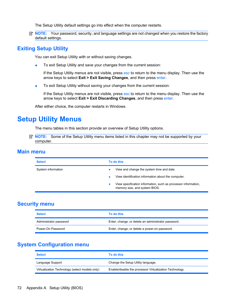 Exiting setup utility, Setup utility menus, Main menu | Security menu, System configuration menu, Main menu security menu system configuration menu | HP Envy 13t-1100 CTO Notebook PC User Manual | Page 82 / 95