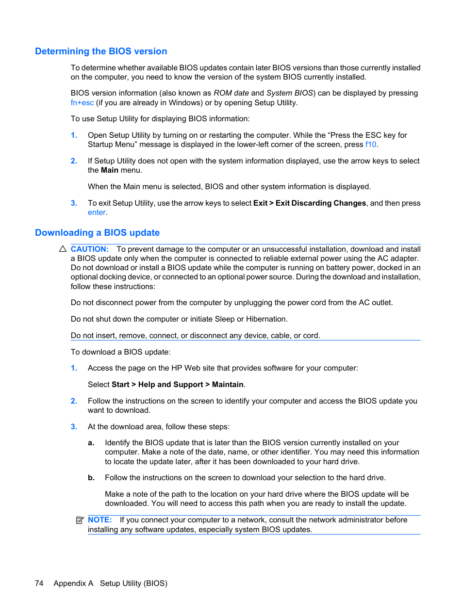 Determining the bios version, Downloading a bios update | HP Envy 13t-1100 CTO Notebook PC User Manual | Page 84 / 95