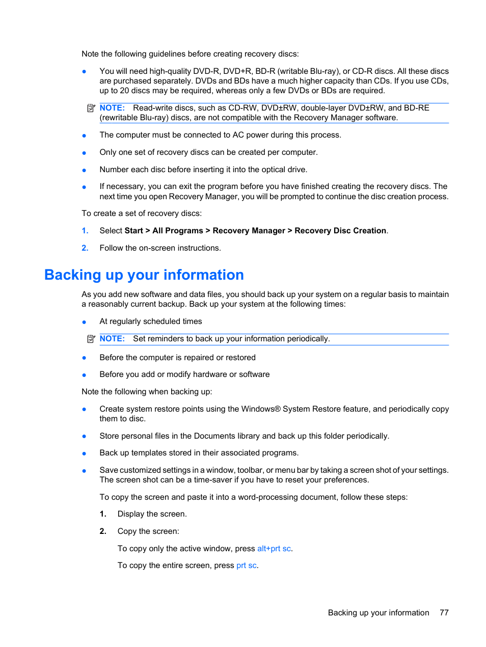 Backing up your information | HP Envy 13t-1100 CTO Notebook PC User Manual | Page 87 / 95