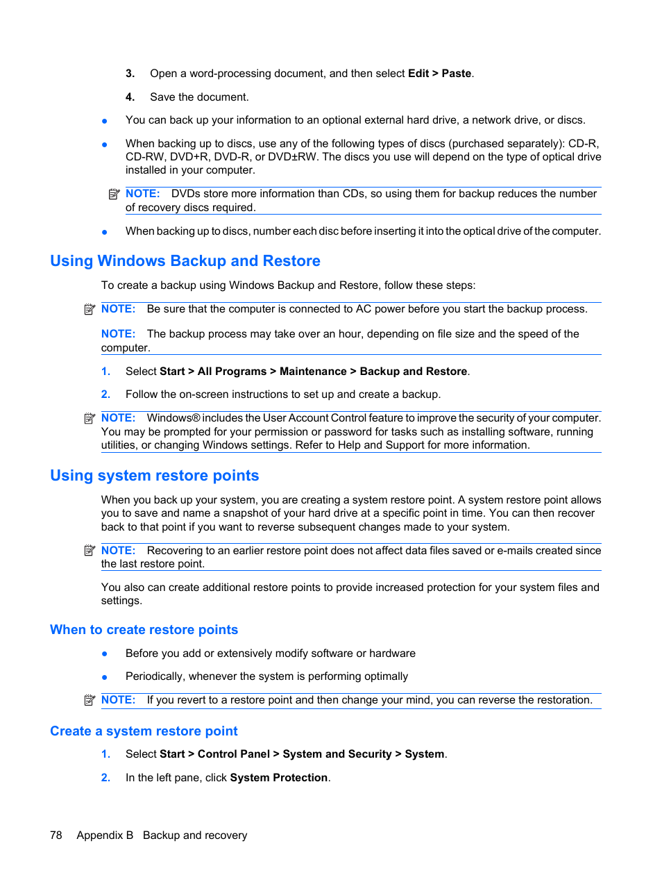 Using windows backup and restore, Using system restore points, When to create restore points | Create a system restore point | HP Envy 13t-1100 CTO Notebook PC User Manual | Page 88 / 95