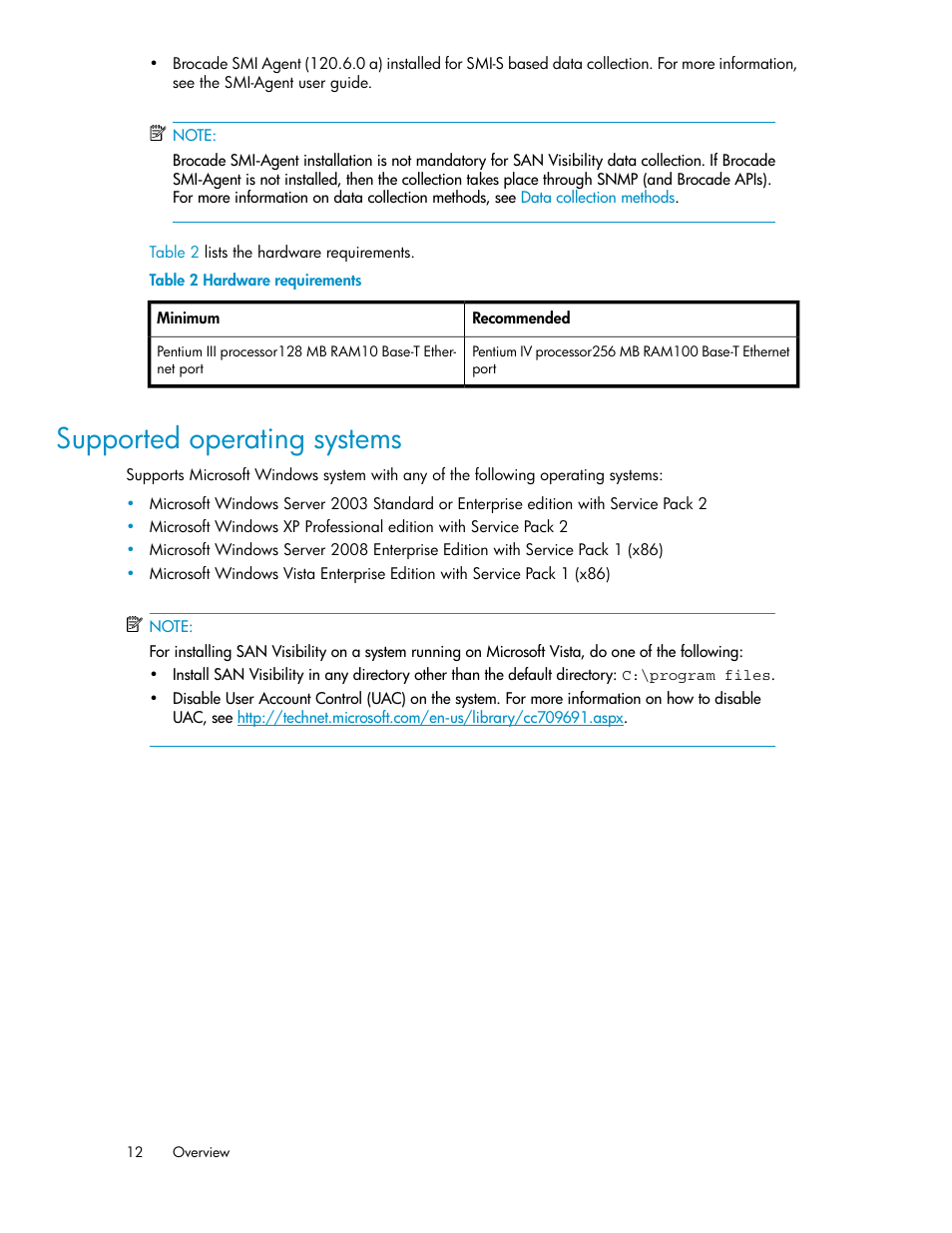 Supported operating systems, Hardware requirements | HP SAN User Manual | Page 12 / 45