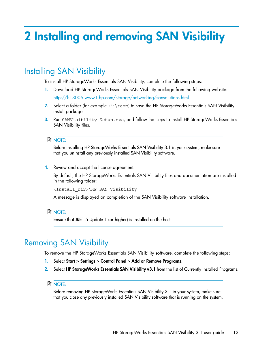 2 installing and removing san visibility, Installing san visibility, Removing san visibility | 13 removing san visibility | HP SAN User Manual | Page 13 / 45