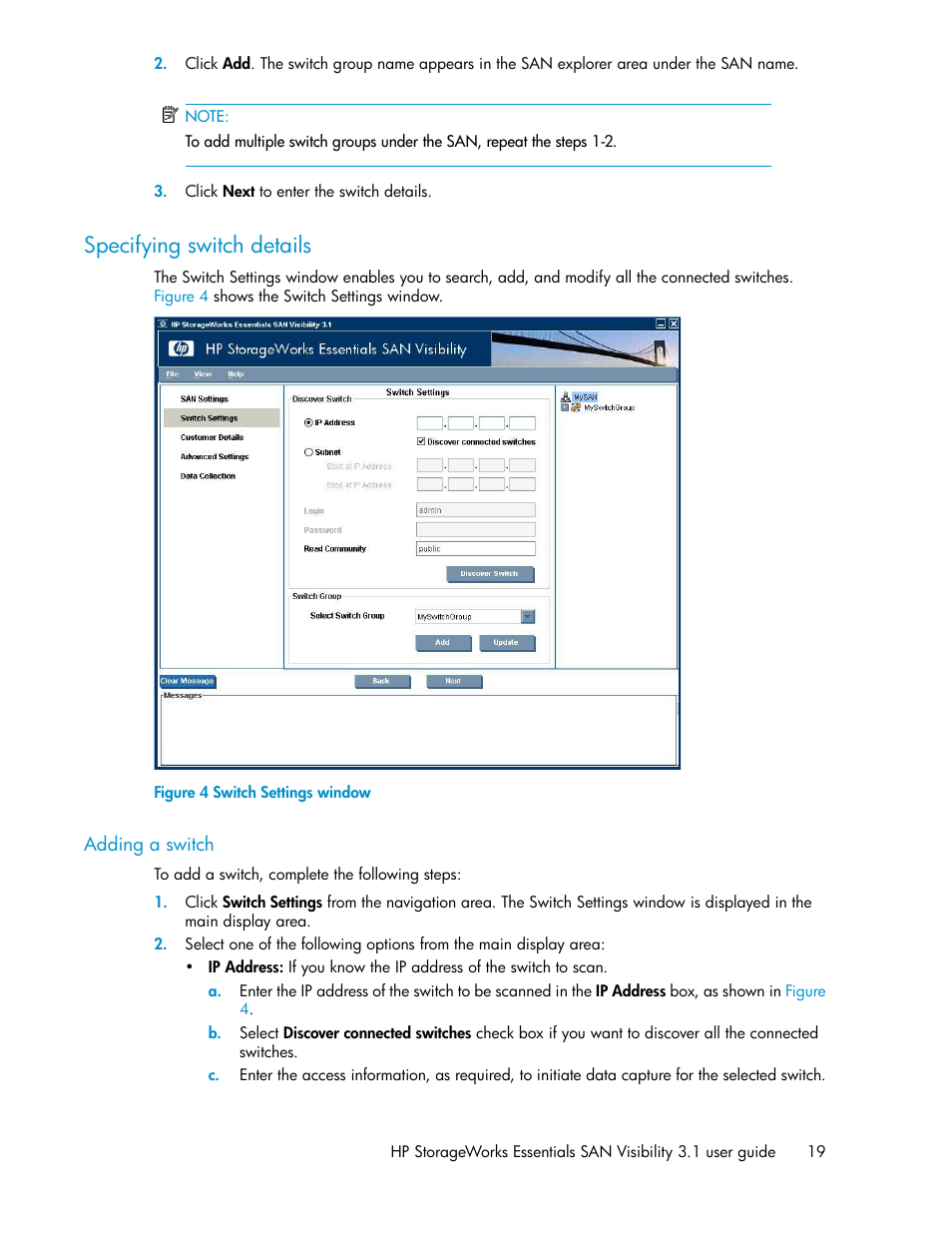 Specifying switch details, Adding a switch, Switch settings window | HP SAN User Manual | Page 19 / 45