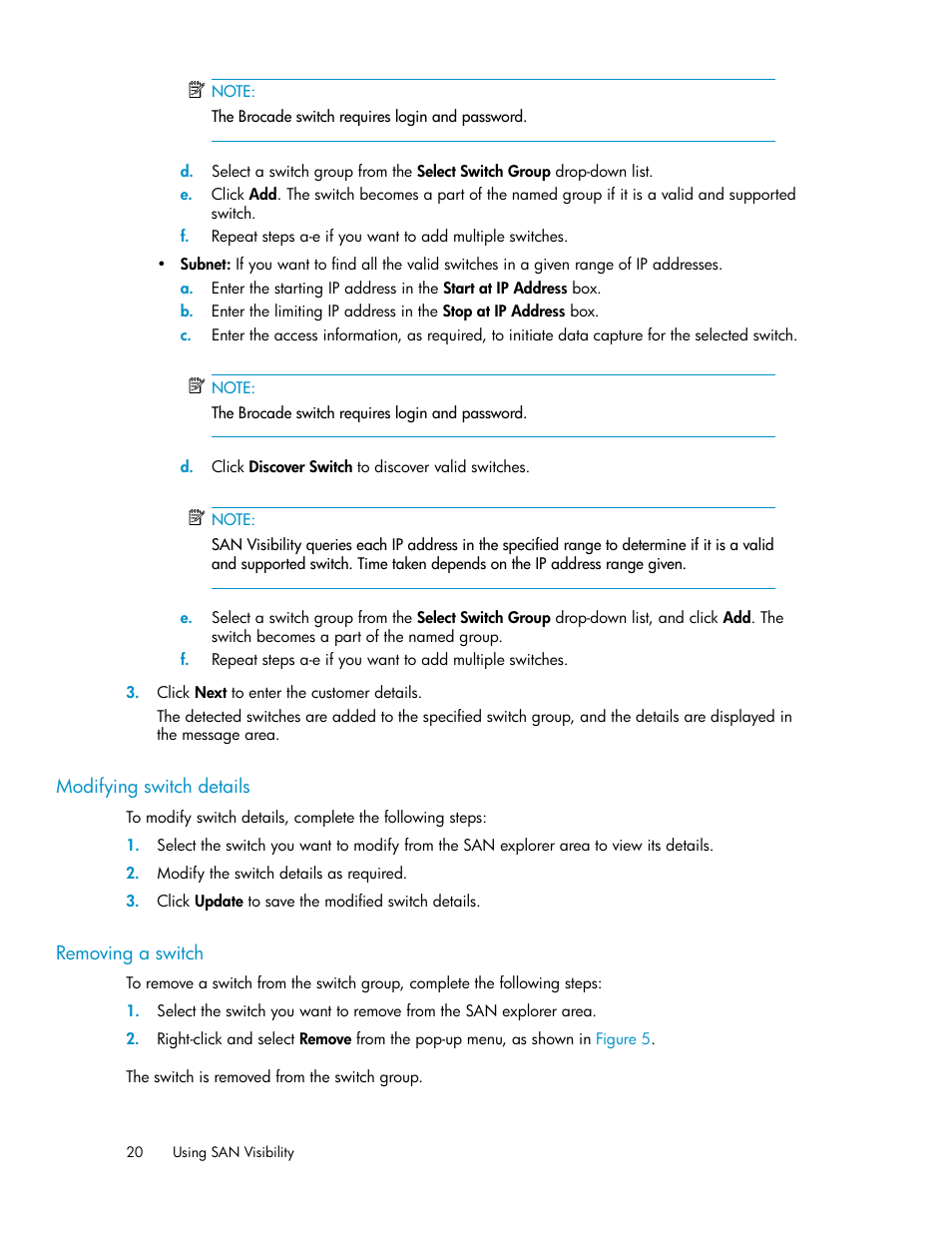 Modifying switch details, Removing a switch, 20 removing a switch | HP SAN User Manual | Page 20 / 45