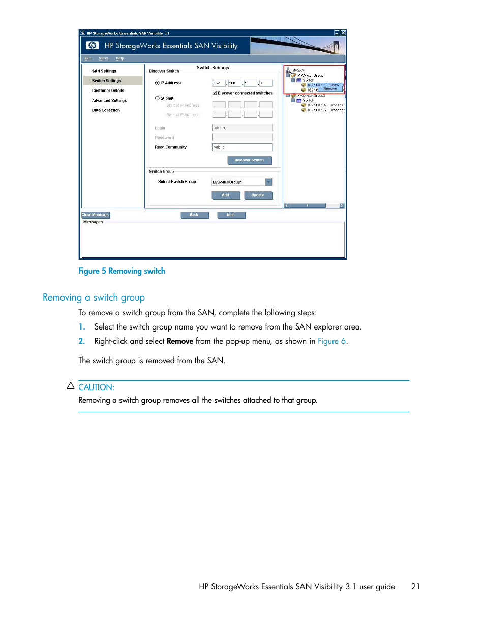 Removing a switch group, Removing switch | HP SAN User Manual | Page 21 / 45